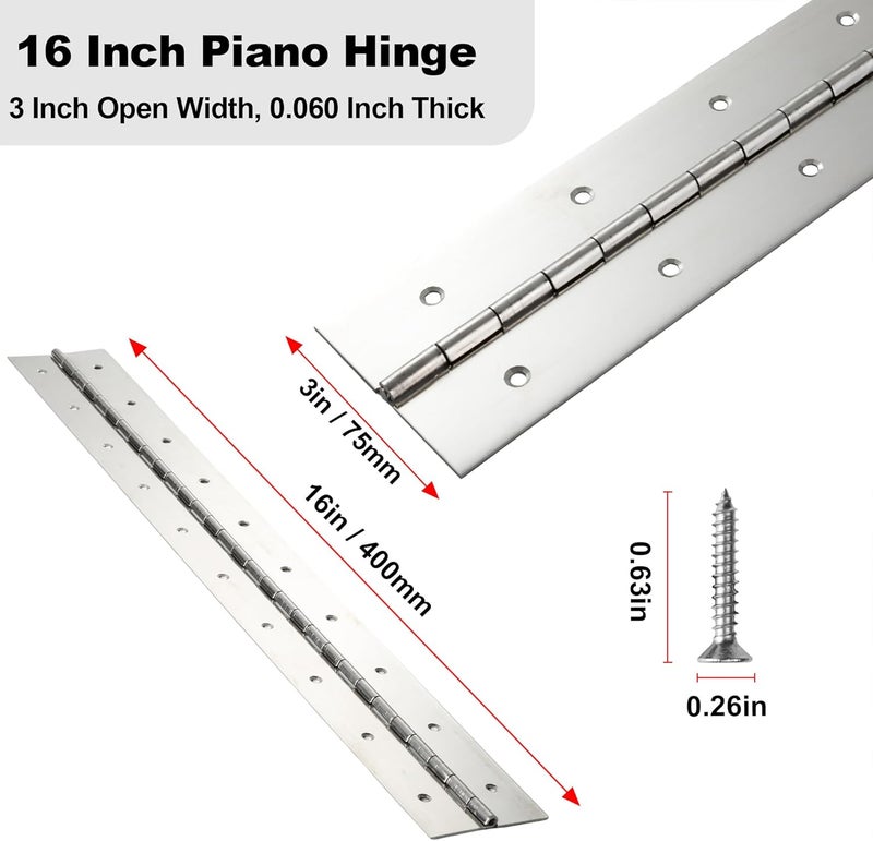 FVSEC Heavy Duty Piano Hinge 16 Inch x 3 Inch Width, True 0.060'' Thick Stainless Steel Piano Hinge for Heavy Duty Cabinet, Door, Toolbox, Wooden Box, Metal Plate, Furniture, Industrial Project - Image 2